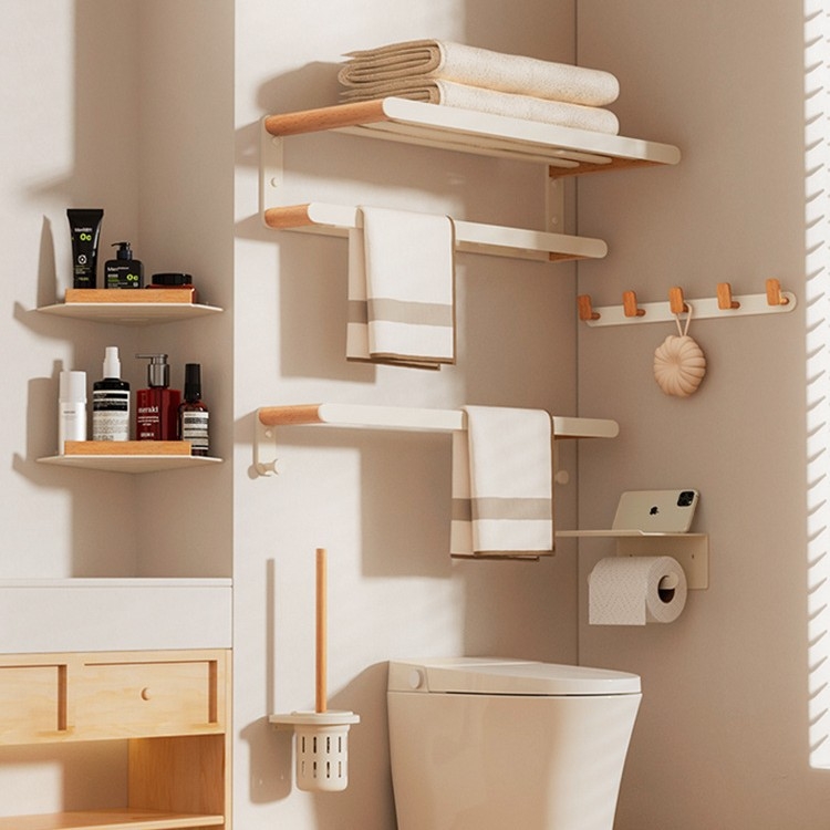 Raft de baie montat pe perete, cu două niveluri și suport pentru prosoape, aliaj de aluminiu, montaj fără găuri, depozitare și organizare