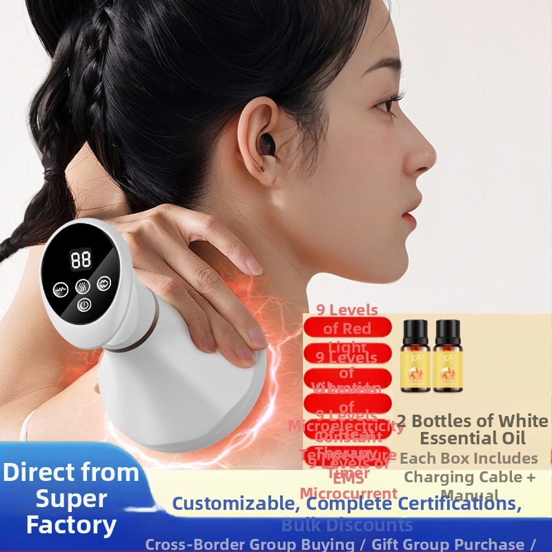 Meridiānu masāžas ierīce ar vibrāciju un apkuri, modelis pk6103; uzlādes baterija; piemērots kaklam, mugurai, viduklim, kājām un augšējai rokai; vadība ar pogu; svars 300 g; iekļautas instrukcijas un ēteriskās eļļas