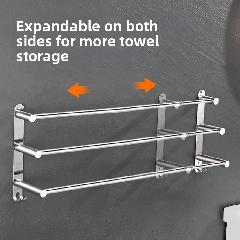 Nerūdijančio plieno sieninis rankšluosčių laikiklis ištraukiamas, su trim lygiais, plonas poliravimas, apkrova 25 kg