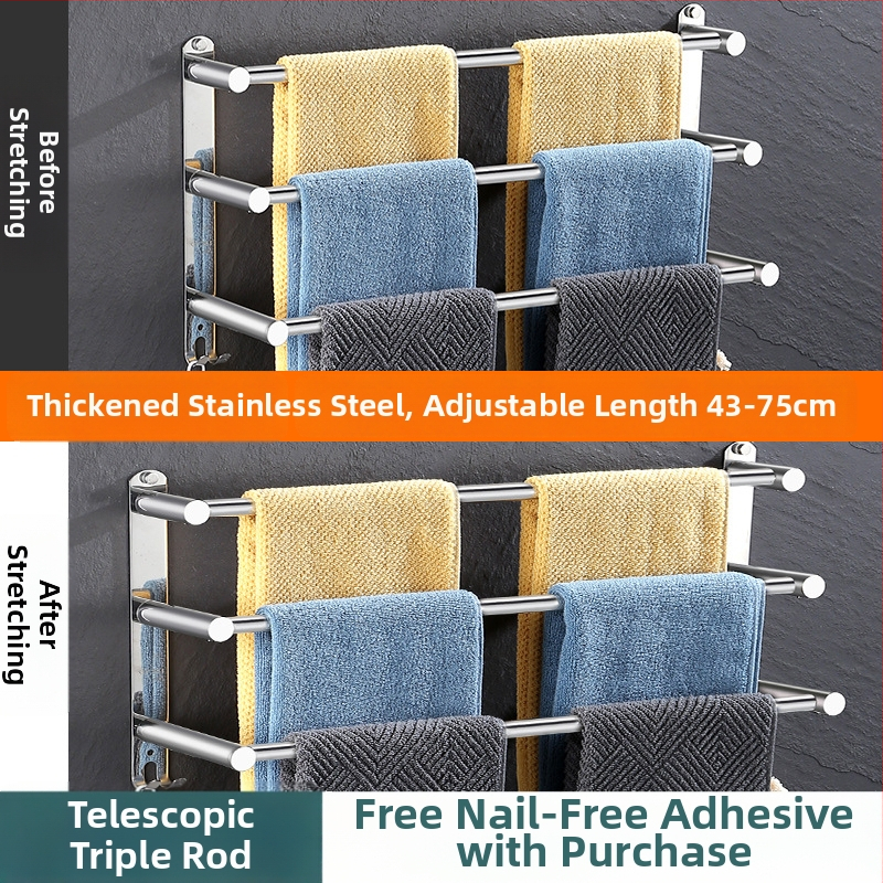 Nerūdijančio plieno sieninis rankšluosčių laikiklis ištraukiamas, su trim lygiais, plonas poliravimas, apkrova 25 kg