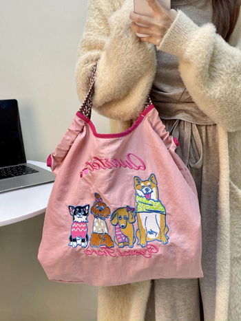 Női nylon táska Shiba Inu hímzéssel, ovális alak, szalag zárás, belső patch zseb