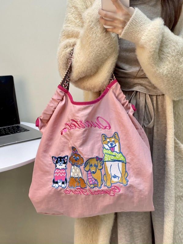 Női nylon táska Shiba Inu hímzéssel, ovális alak, szalag zárás, belső patch zseb