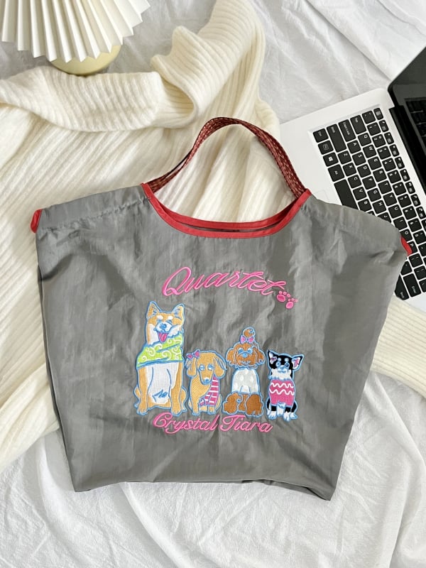 Női nylon táska Shiba Inu hímzéssel, ovális alak, szalag zárás, belső patch zseb