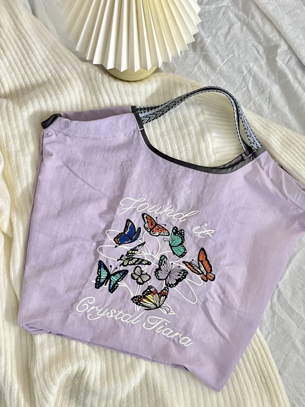 Női nylon táska Shiba Inu hímzéssel, ovális alak, szalag zárás, belső patch zseb