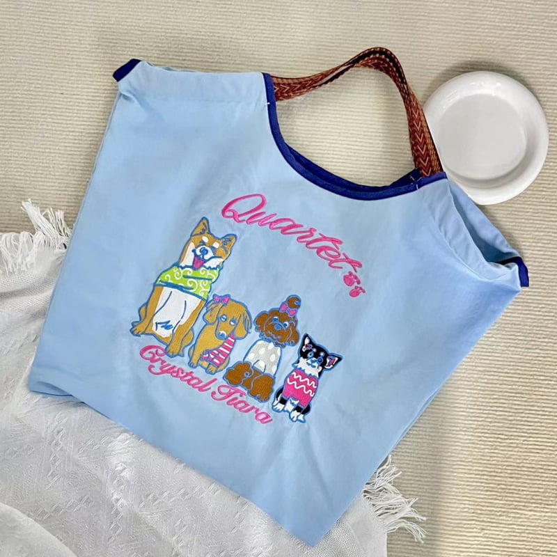 Női nylon táska Shiba Inu hímzéssel, ovális alak, szalag zárás, belső patch zseb