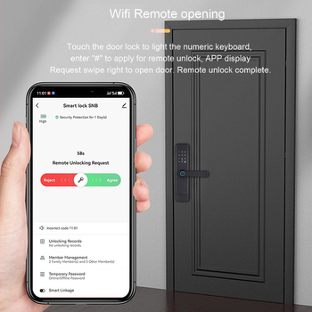 Nutikas sõrmejäljelukk WiFi-iga, mudel X7; 100 sõrmejälje salvestus; üle 1 000 000 avamist; skaneerimisaeg < 0,01 s; sobib siseruumide puidust usteks korterites ja kontorites.