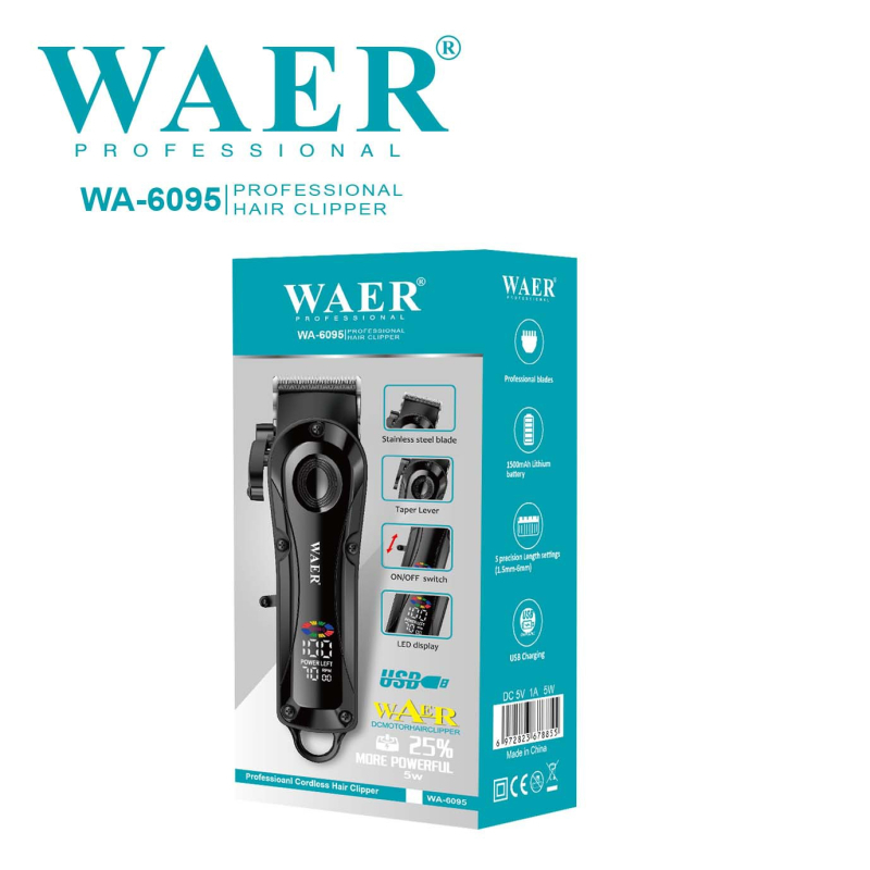 WA-6095 USB презареждаема електрическа подстригваща машина, мотор с четки, ножове от неръждаема стомана, разглобяема и миеща се глава за подстригване, 1–3 ч работа