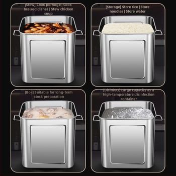 Nerūdijančio plieno kvadratinė grūdų laikymo statinė, sandari, atspari drėgmei ir kenkėjams, talpa 4–5 L, su spaustu logotipu.