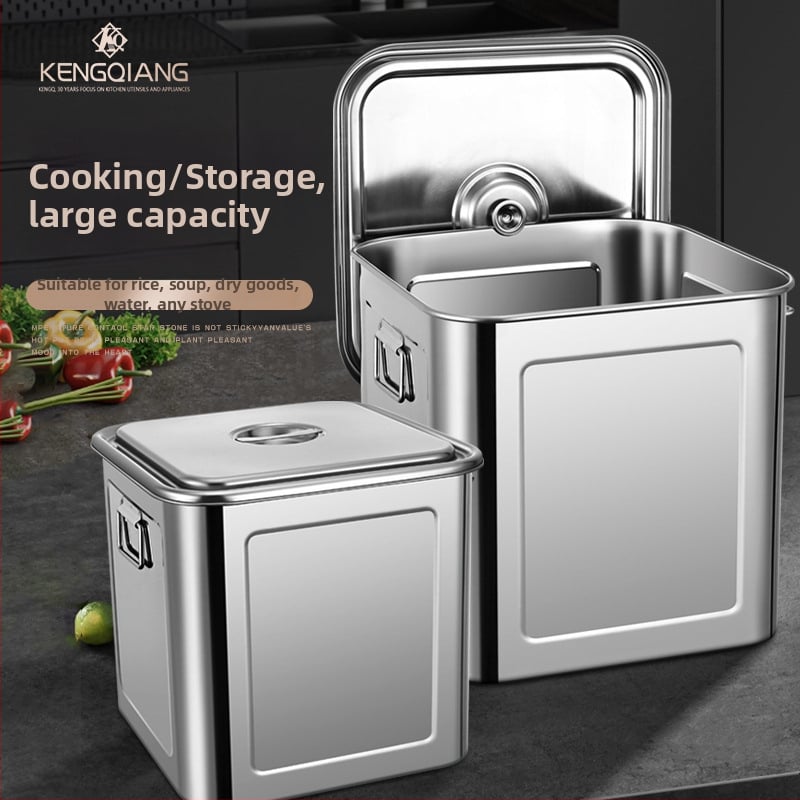 Nerūdijančio plieno kvadratinė grūdų laikymo statinė, sandari, atspari drėgmei ir kenkėjams, talpa 4–5 L, su spaustu logotipu.