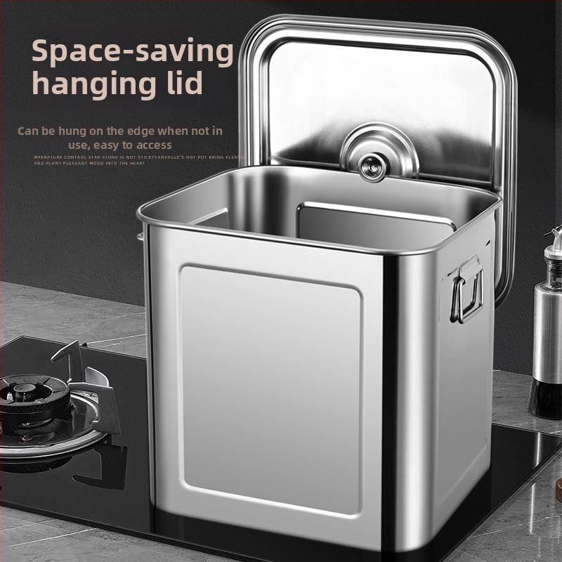 Nerūdijančio plieno kvadratinė grūdų laikymo statinė, sandari, atspari drėgmei ir kenkėjams, talpa 4–5 L, su spaustu logotipu.