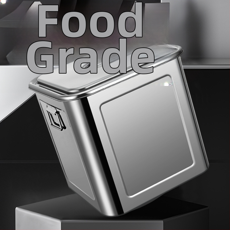 Nerūdijančio plieno kvadratinė grūdų laikymo statinė, sandari, atspari drėgmei ir kenkėjams, talpa 4–5 L, su spaustu logotipu.