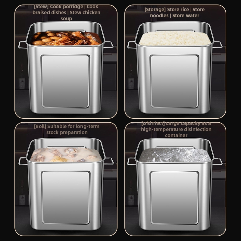 Nerūdijančio plieno kvadratinė grūdų laikymo statinė, sandari, atspari drėgmei ir kenkėjams, talpa 4–5 L, su spaustu logotipu.