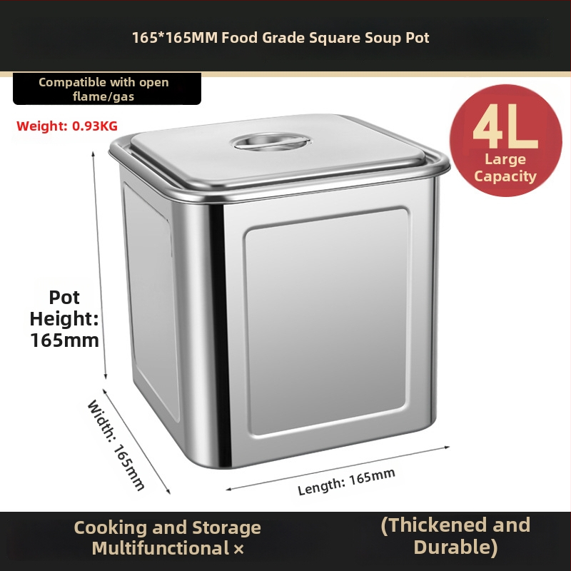 Nerūdijančio plieno kvadratinė grūdų laikymo statinė, sandari, atspari drėgmei ir kenkėjams, talpa 4–5 L, su spaustu logotipu.