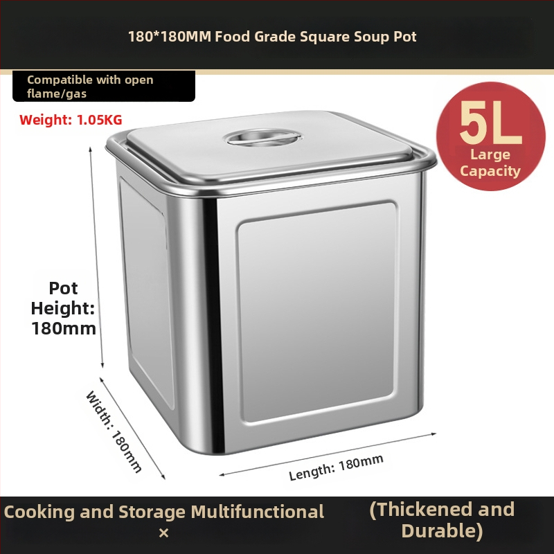 Nerūdijančio plieno kvadratinė grūdų laikymo statinė, sandari, atspari drėgmei ir kenkėjams, talpa 4–5 L, su spaustu logotipu.