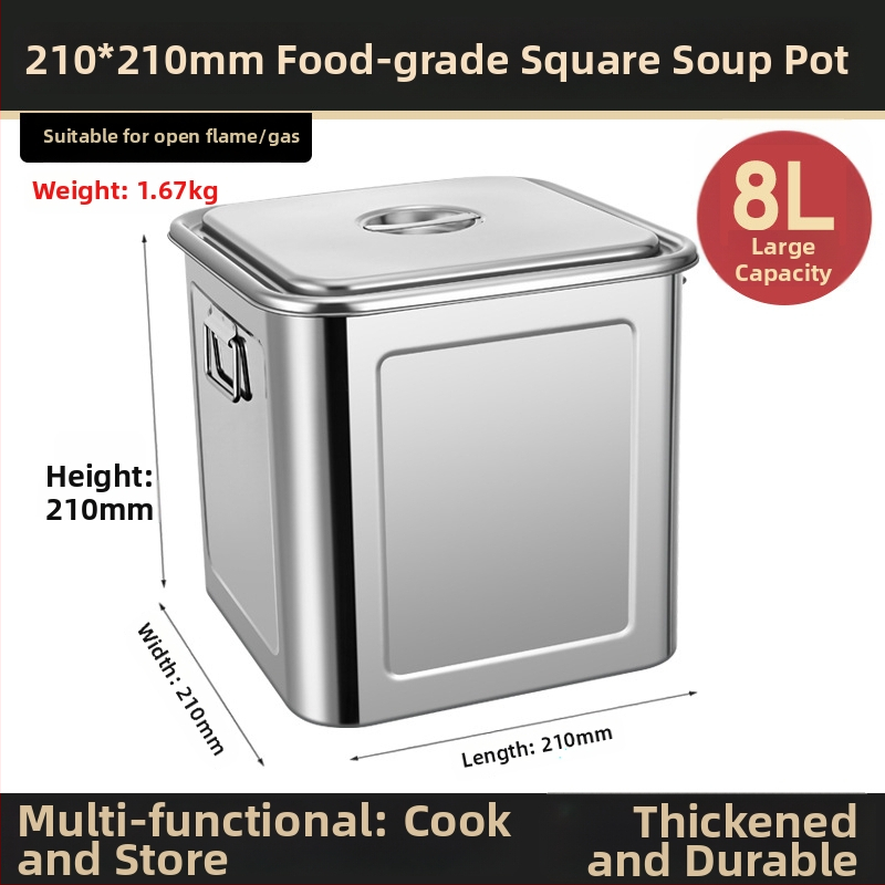 Nerūdijančio plieno kvadratinė grūdų laikymo statinė, sandari, atspari drėgmei ir kenkėjams, talpa 4–5 L, su spaustu logotipu.