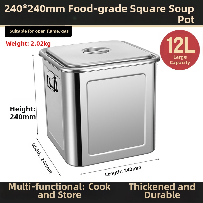 Nerūdijančio plieno kvadratinė grūdų laikymo statinė, sandari, atspari drėgmei ir kenkėjams, talpa 4–5 L, su spaustu logotipu.