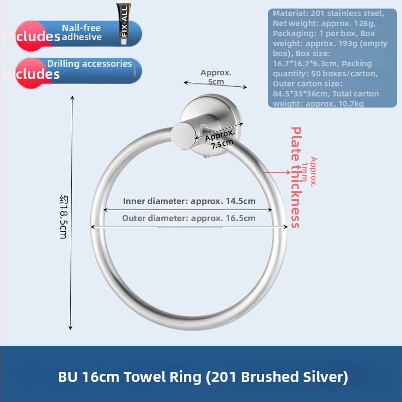 Inel pentru prosoape din oțel inoxidabil 304, finisaj lucios, formă circulară, montaj fără găurire, capacitate de încărcare 10 kg