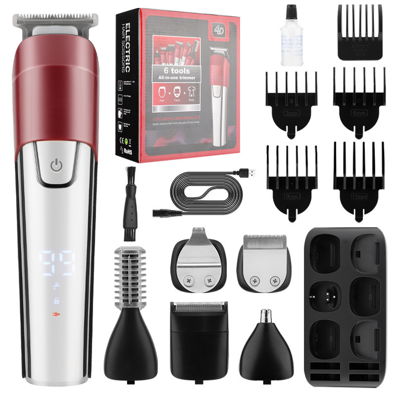 6-в-1 електрически подстригвач за коса – вградена батерия 500–800 мАч, време на работа 1–3 ч, водоустойчив, ножове от неръждаема стомана, мотор с четки