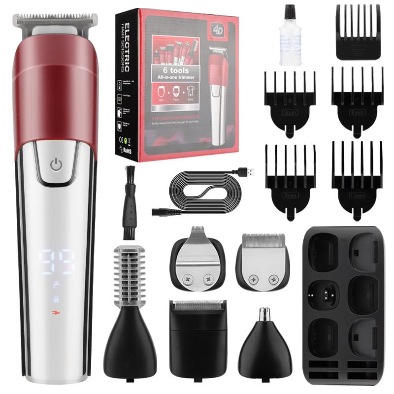 6-в-1 електрически подстригвач за коса – вградена батерия 500–800 мАч, време на работа 1–3 ч, водоустойчив, ножове от неръждаема стомана, мотор с четки
