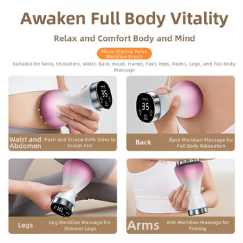 Elektriskais meridiānu masieris visam ķermenim un vēderam ar apkuri un gua sha masāžu; akumulatora jauda 1800mAh, pogu vadība, temperatūras regulēšana 45–55°C, ABS korpuss