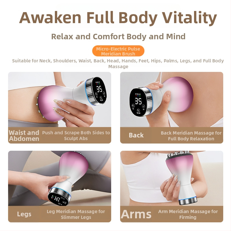 Elektriskais meridiānu masieris visam ķermenim un vēderam ar apkuri un gua sha masāžu; akumulatora jauda 1800mAh, pogu vadība, temperatūras regulēšana 45–55°C, ABS korpuss