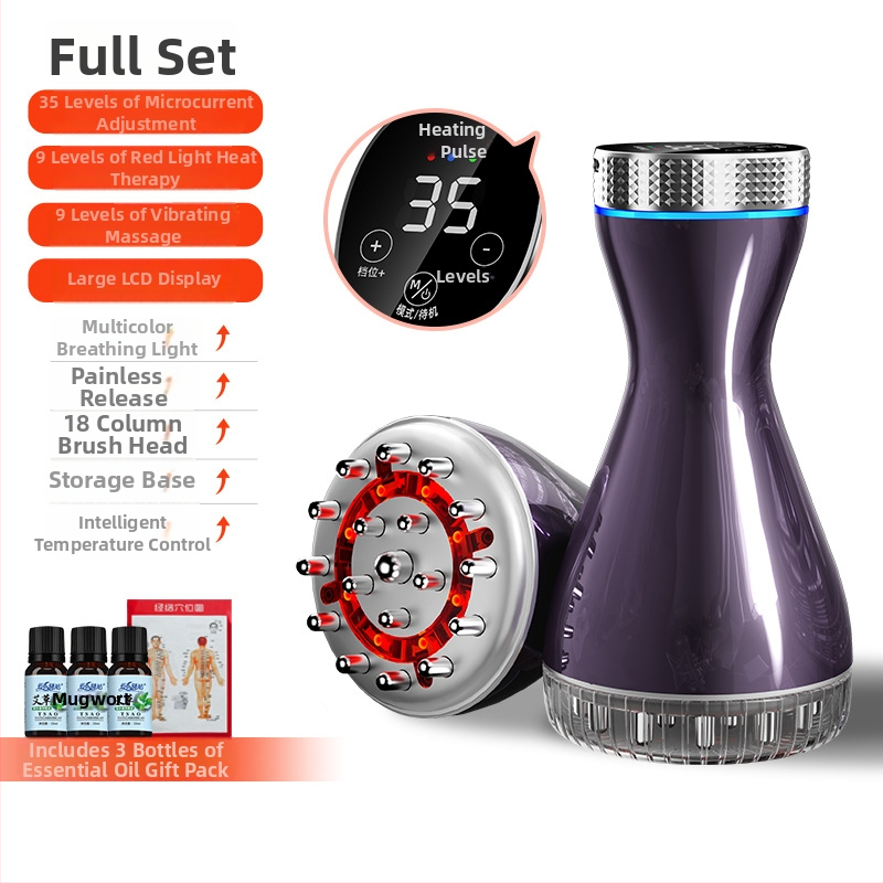 Elektriskais meridiānu masieris visam ķermenim un vēderam ar apkuri un gua sha masāžu; akumulatora jauda 1800mAh, pogu vadība, temperatūras regulēšana 45–55°C, ABS korpuss