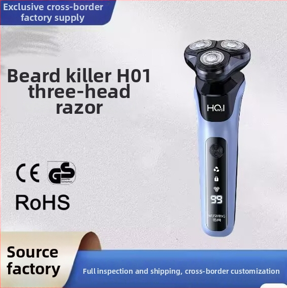 Elektrický holiaci strojček s LED displejom, rotačná hlavica s 3 čepeľami, odnímateľná a umývateľná hlava, vstavaná nabíjateľná batéria 300–500 mAh, plávajúca hlava