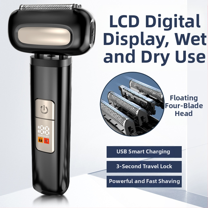 Elektrická holiaca brúska s hlavou s 4 čepeľami, umývateľná hlava, LED displej, vstavaná batéria 1000–1200 mAh, nabíjateľná, mokré a suché holenie, motor s kefou, nízka hlučnosť