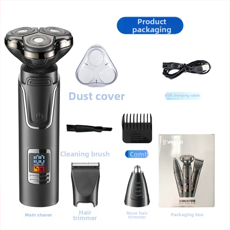 Elektrický holiaci strojček s rotačnou hlavou 3‑hlavovou, bezkartáčový motor, vstavaná batéria 500–800 mAh, výdrž >60 min, plne umývateľný dizajn