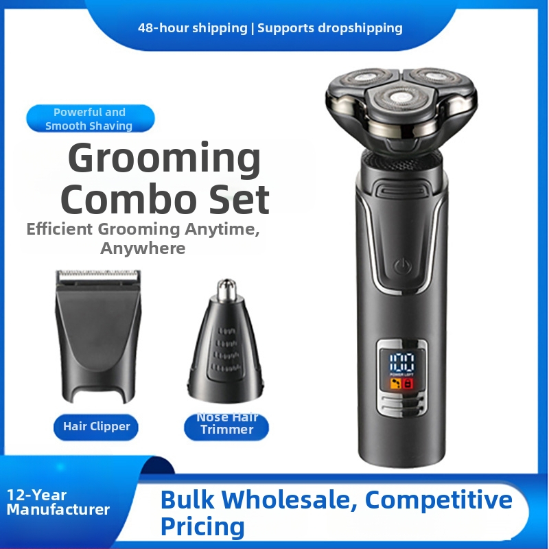 Elektrický holiaci strojček s rotačnou hlavou 3‑hlavovou, bezkartáčový motor, vstavaná batéria 500–800 mAh, výdrž >60 min, plne umývateľný dizajn