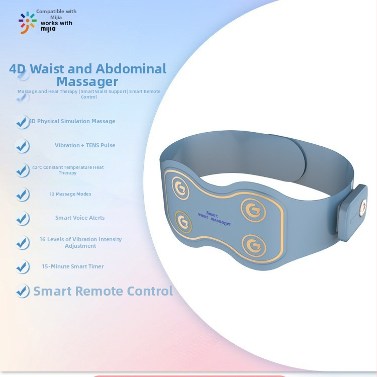 Juosmens masažo juosta su šildymu ir vibracija, iki 4 masažo galvų, maitinimas: baterija, valdymas: kompiuterio tipas, intensyvumas nuolatos reguliuojamas