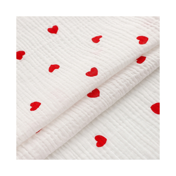 100% pamut, szívmintás, dupla réteg géz krepp anyag, digitális nyomtatás, mosott textúra