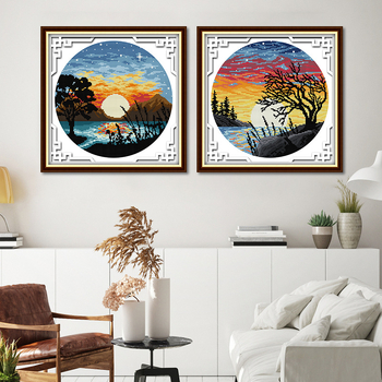 Kryžminio siuvimo rinkinys – peizažas su saulėlydžiu ir pilnu mėnuliu, 11 ct drobė, ekologiška medvilnė, tinkamas svetainei/miegamajam/vaikų kambariui