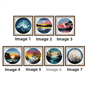 Kryžminio siuvimo rinkinys – peizažas su saulėlydžiu ir pilnu mėnuliu, 11 ct drobė, ekologiška medvilnė, tinkamas svetainei/miegamajam/vaikų kambariui