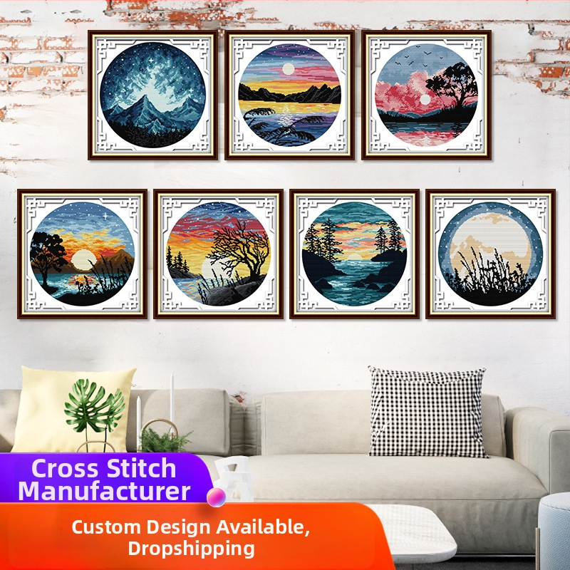 Kryžminio siuvimo rinkinys – peizažas su saulėlydžiu ir pilnu mėnuliu, 11 ct drobė, ekologiška medvilnė, tinkamas svetainei/miegamajam/vaikų kambariui