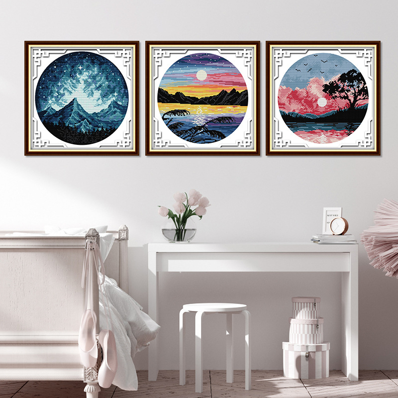 Kryžminio siuvimo rinkinys – peizažas su saulėlydžiu ir pilnu mėnuliu, 11 ct drobė, ekologiška medvilnė, tinkamas svetainei/miegamajam/vaikų kambariui