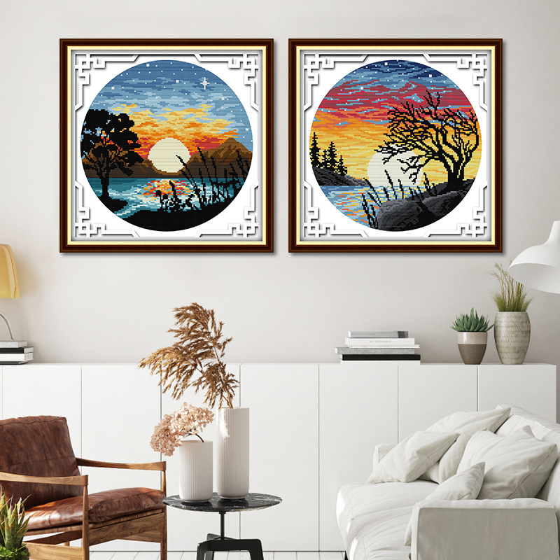 Kryžminio siuvimo rinkinys – peizažas su saulėlydžiu ir pilnu mėnuliu, 11 ct drobė, ekologiška medvilnė, tinkamas svetainei/miegamajam/vaikų kambariui