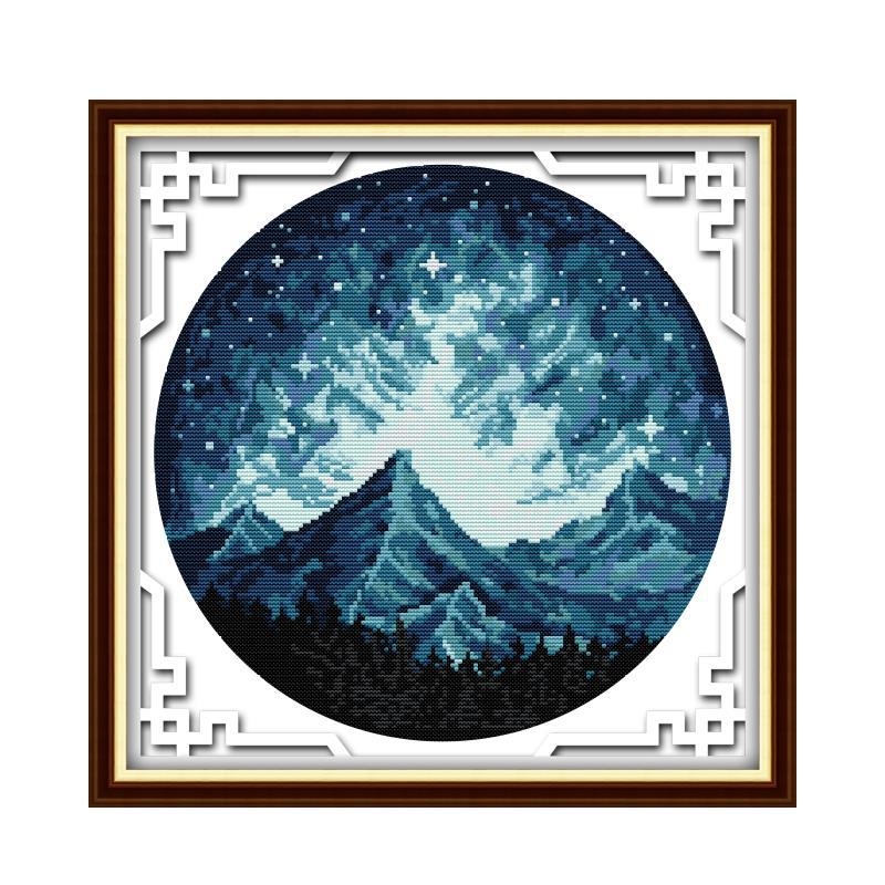 Kryžminio siuvimo rinkinys – peizažas su saulėlydžiu ir pilnu mėnuliu, 11 ct drobė, ekologiška medvilnė, tinkamas svetainei/miegamajam/vaikų kambariui