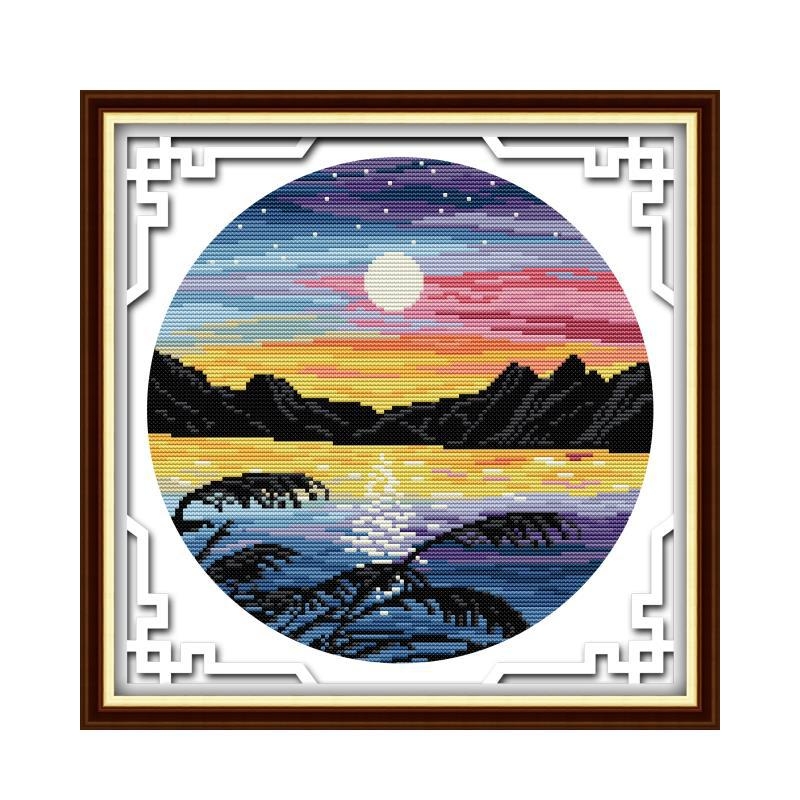 Kryžminio siuvimo rinkinys – peizažas su saulėlydžiu ir pilnu mėnuliu, 11 ct drobė, ekologiška medvilnė, tinkamas svetainei/miegamajam/vaikų kambariui
