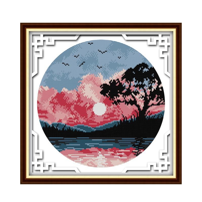 Kryžminio siuvimo rinkinys – peizažas su saulėlydžiu ir pilnu mėnuliu, 11 ct drobė, ekologiška medvilnė, tinkamas svetainei/miegamajam/vaikų kambariui