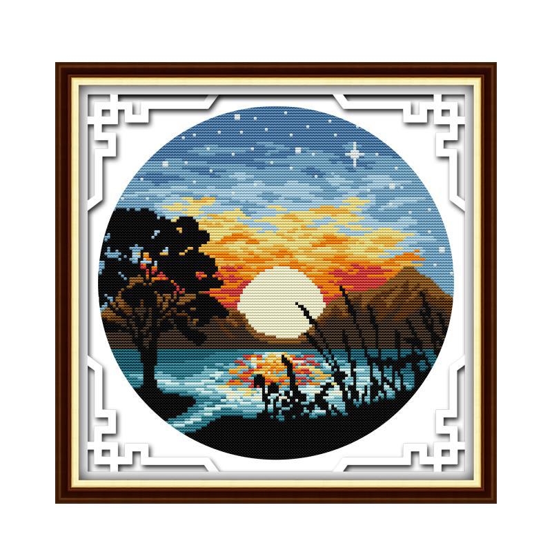 Kryžminio siuvimo rinkinys – peizažas su saulėlydžiu ir pilnu mėnuliu, 11 ct drobė, ekologiška medvilnė, tinkamas svetainei/miegamajam/vaikų kambariui