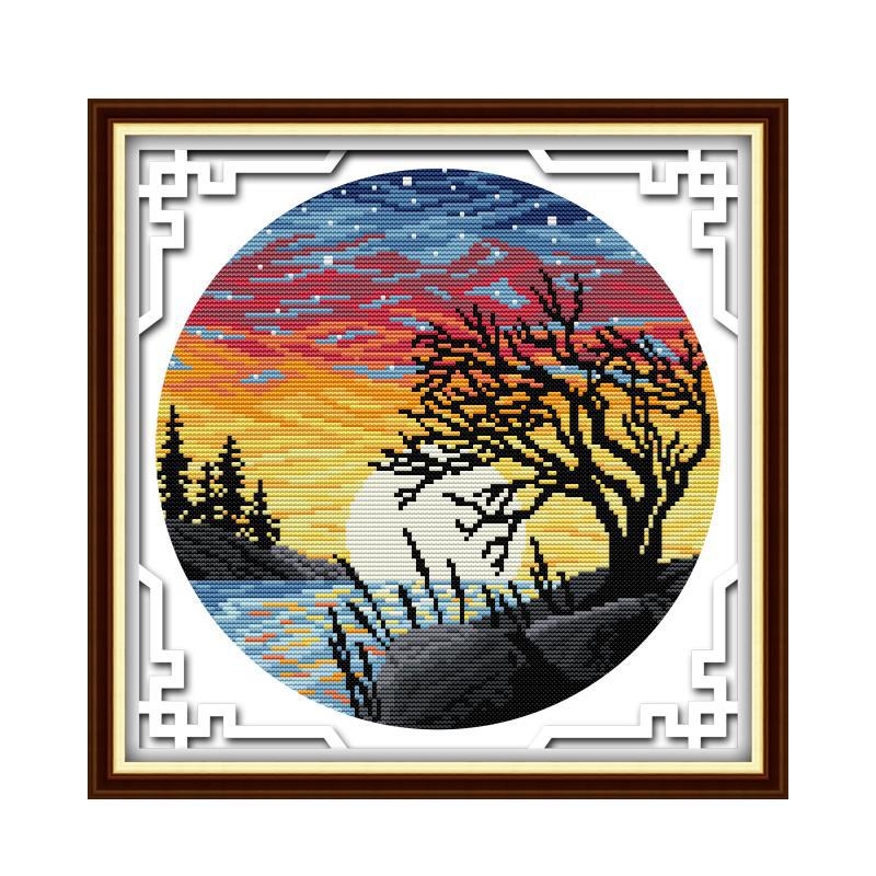 Kryžminio siuvimo rinkinys – peizažas su saulėlydžiu ir pilnu mėnuliu, 11 ct drobė, ekologiška medvilnė, tinkamas svetainei/miegamajam/vaikų kambariui