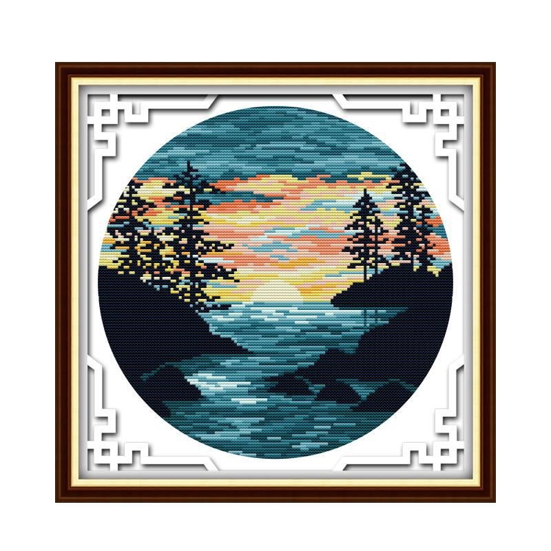 Kryžminio siuvimo rinkinys – peizažas su saulėlydžiu ir pilnu mėnuliu, 11 ct drobė, ekologiška medvilnė, tinkamas svetainei/miegamajam/vaikų kambariui