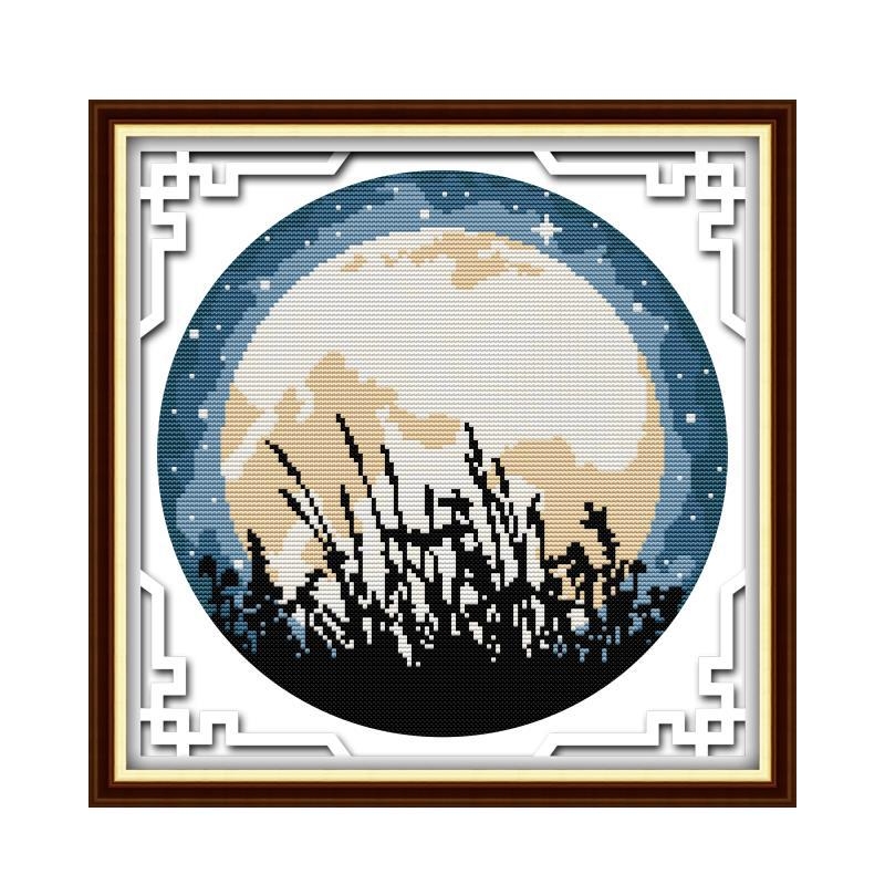 Kryžminio siuvimo rinkinys – peizažas su saulėlydžiu ir pilnu mėnuliu, 11 ct drobė, ekologiška medvilnė, tinkamas svetainei/miegamajam/vaikų kambariui