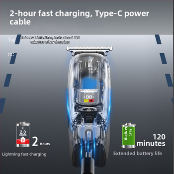 Elektrinis plaukų kirpimo prietaisas su integruota baterija 1200–2000mAh, USB įkrovimas, nerūdijančio plieno peiliukai, veikimo laikas 1–3 valandos, nuimama ir plaunama peilio galvutė
