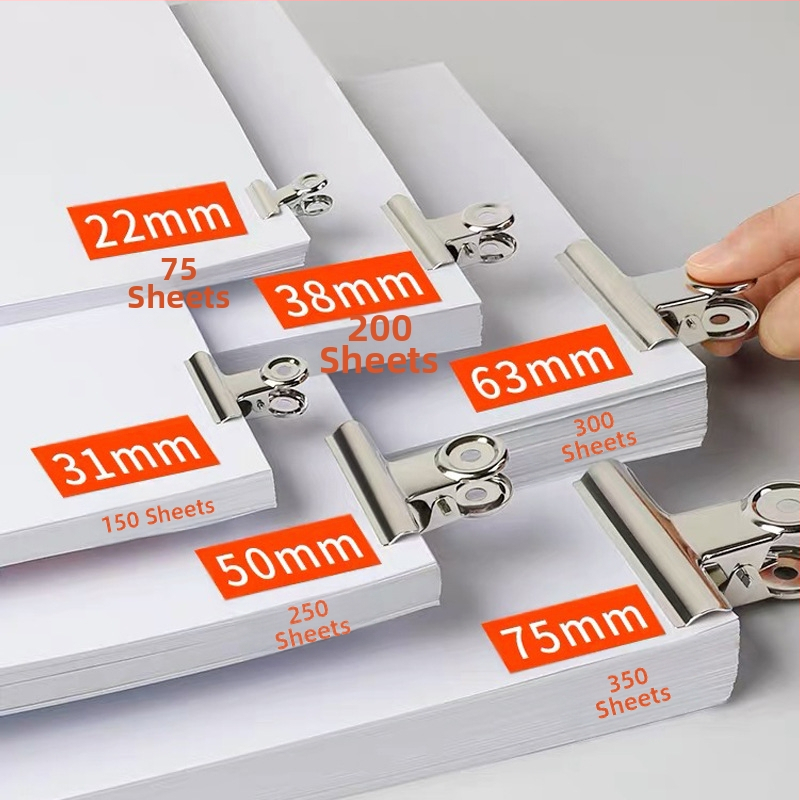 Weili veľká spona na dokumenty z nehrdzavejúcej ocele; materiál: oceľ; hmotnosti: 27 g, 40 g, 60 g, 85 g, 90 g.