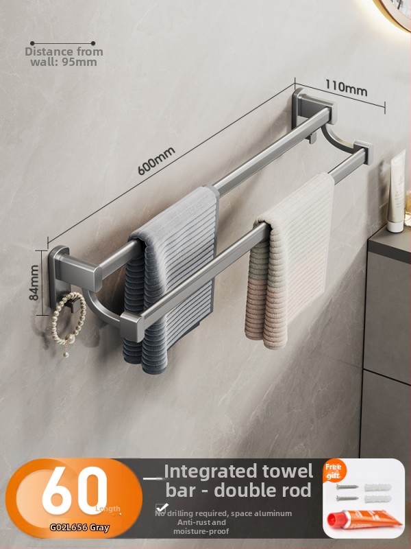 Cobbecabei Siena laikiklis rankšluosčiams iš Space Aluminum – sieninis montavimas, vienos ir dviejų strypų, be gręžimo, oksidacijos paviršius