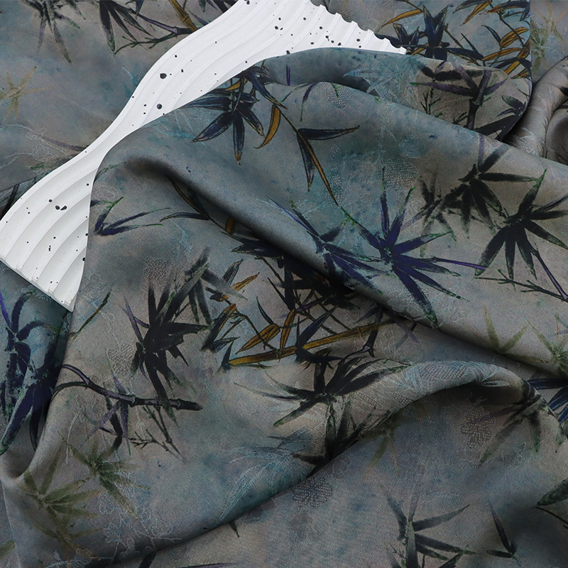 Kínai stílusú cheongsam ruha anyag – silk jacquard, fragrant cloud yarn, bambusz selyem, kétoldalas nyomtatás, növényi mintás nyomtatás