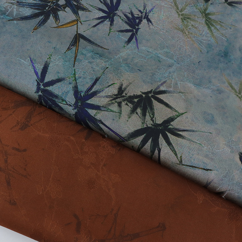Kínai stílusú cheongsam ruha anyag – silk jacquard, fragrant cloud yarn, bambusz selyem, kétoldalas nyomtatás, növényi mintás nyomtatás