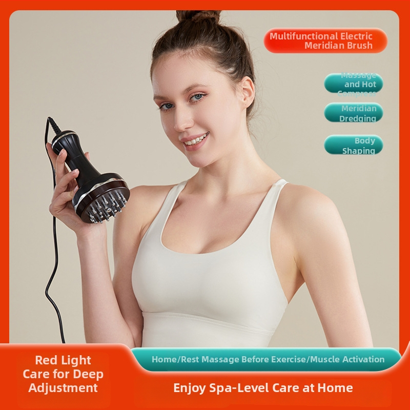 JL-A10 Elektriskā meridiānu birste visa ķermeņa masāžai – USB barošana, pogas vadība, temperatūras diapazons 45–55°C, ABS + cinka sakausējuma birstes galva